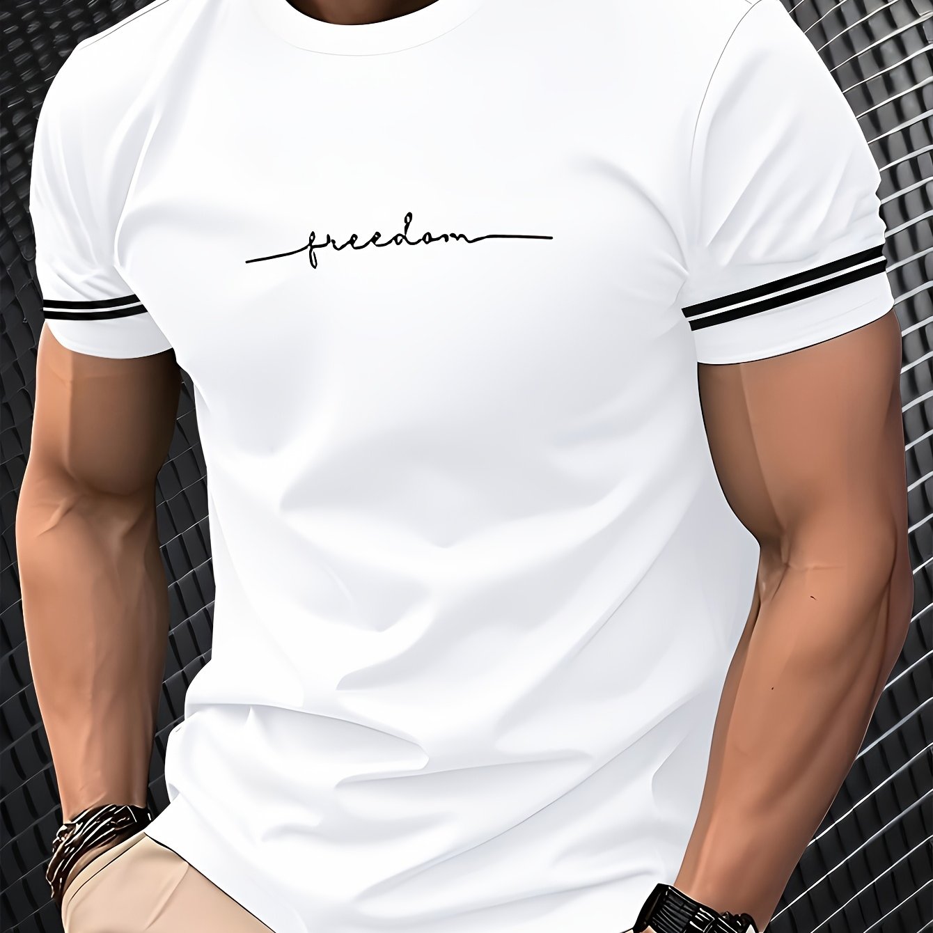 Men'S "Freedom" Graphic T-Shirt - Black Casual Crew Neck Tee with White Stripes, Breathable Polyester Blend, Regular Fit for Casual Attire, Everyday Tshirt | Bold Print Tee | Comfortable Fit, Knit