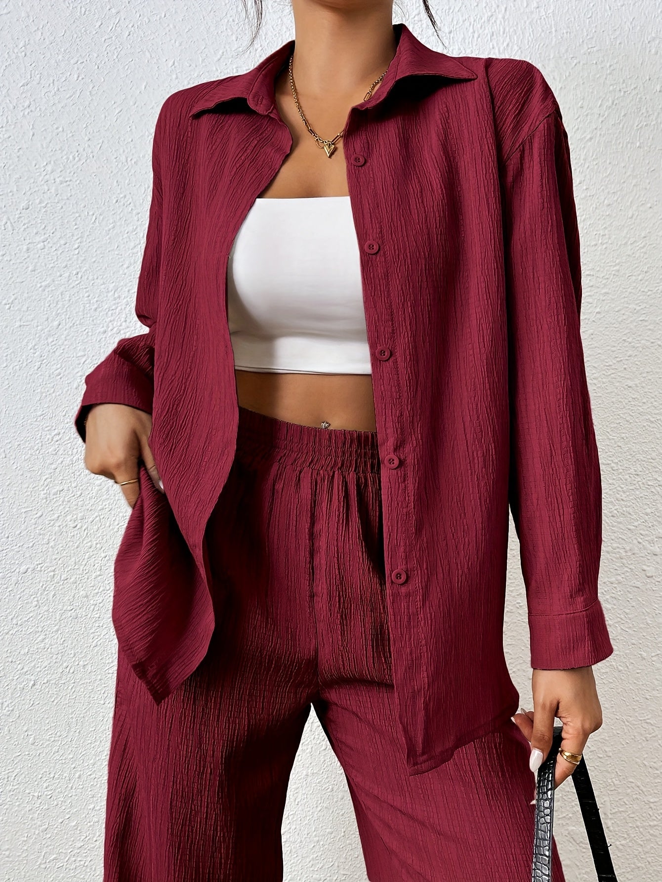 2pcs Women Spring & Autumn Casual Solid Color Long Sleeve Shirt And Pants Set