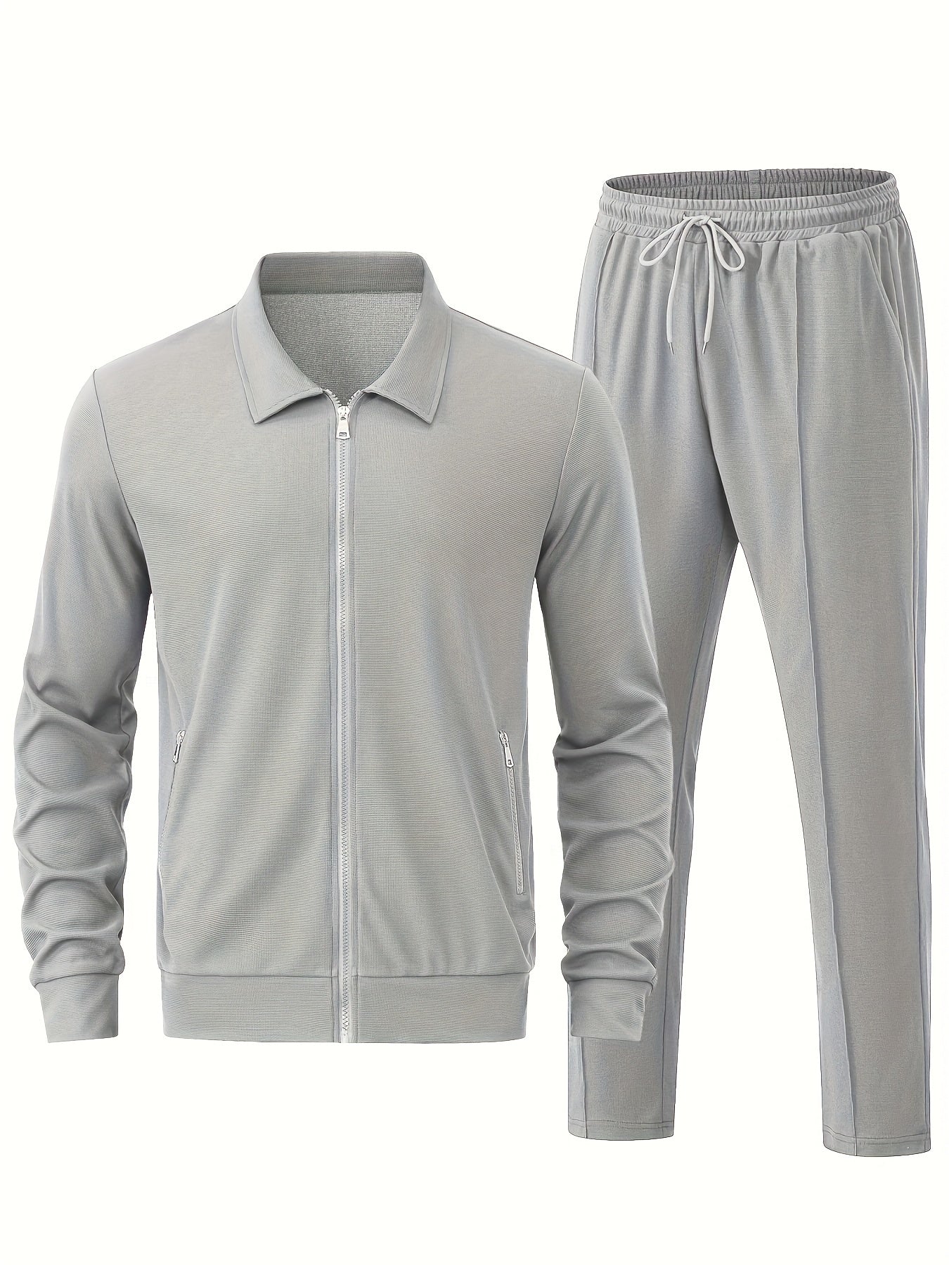 Men's Solid Waffle 2pcs Athletic Outfits, Zip-up Jacket & Pants co ord set for Outdoor Sports