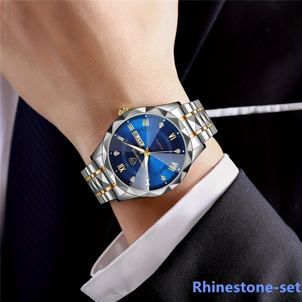 Fashionable Men'S Quartz Watch with a Diamond-shaped Dial, IPX7 Waterproof, Dual Calendar, Luminous Steel Strap, Business Watch