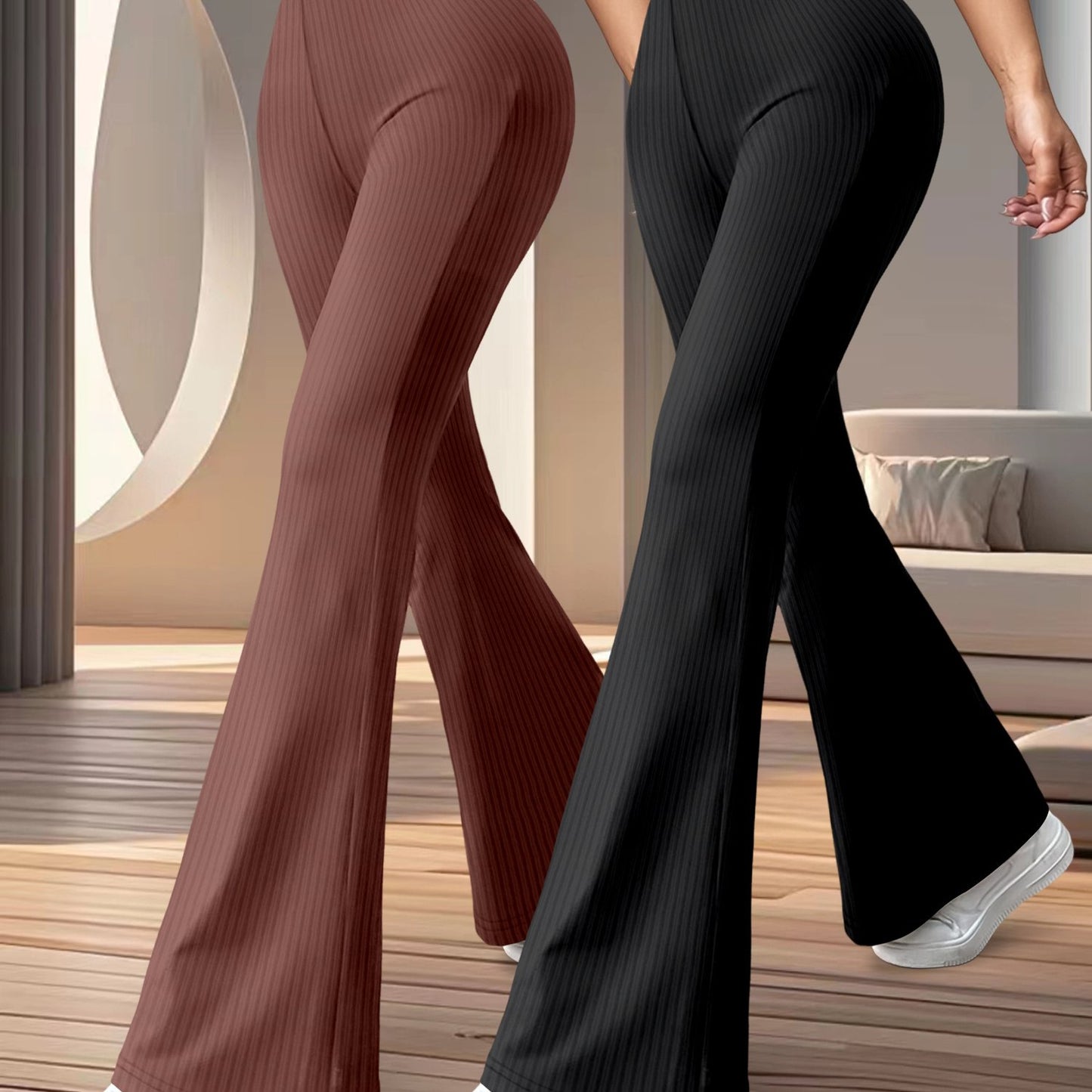 2-Pack Women'S High Waist Flare Leg Pants, Casual Stretchy Yoga Sports Trousers, 96% Polyester 4% Spandex, All-Season Knit Fabric, Solid Color Long Length Pants for Women