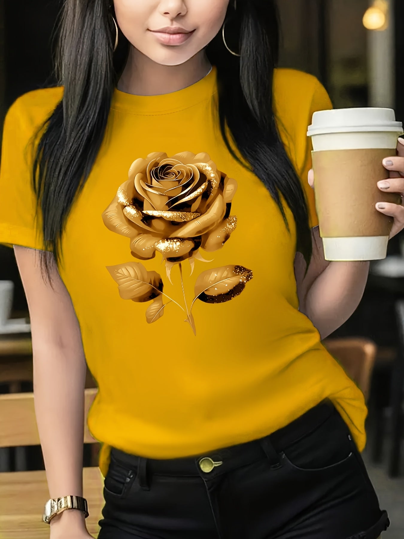 The Black Roseprint t-shirt, short sleeve crew neck casual top for summer & spring, Women's clothing gift