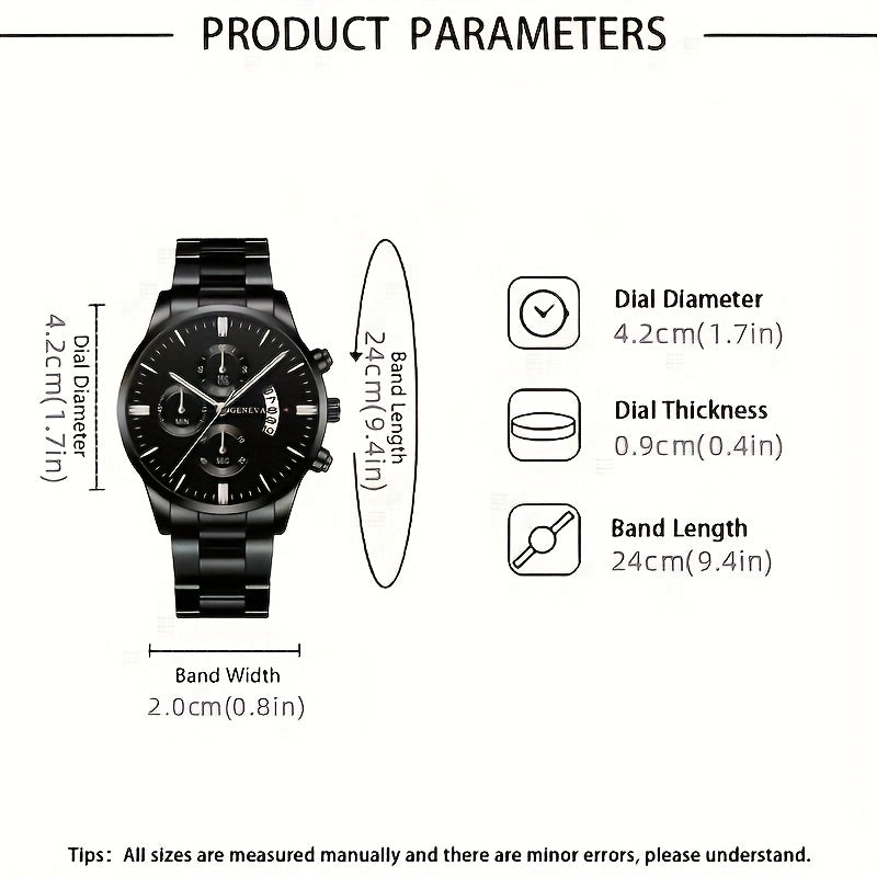Men'S Business Round Quartz Watch with Calendar Display, Black Stainless Steel Strap, Electronic Movement, Perfect Gift for Valentine'S Day, Easter, Halloween, Ramadan, Birthdays, Christmas