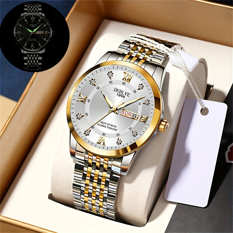 1pc Men'S Business Style Roman Dial Quartz Watch with Luminous Date and Day Display, Stainless Steel Alloy Strap, IPX7 Waterproof, Battery Operated, Elegant Fashion Accessory + Box