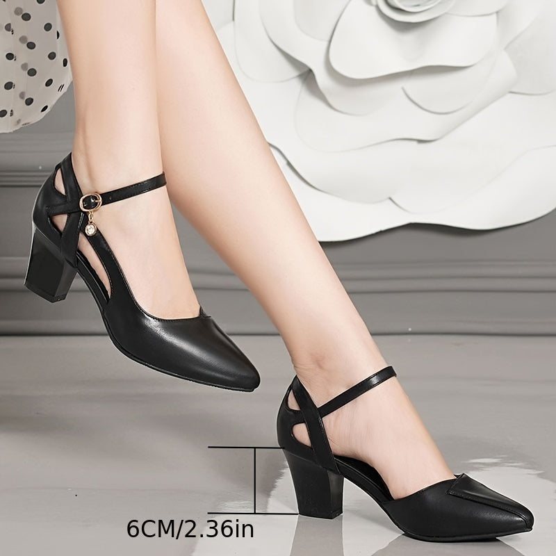 Elegant Women's Summer Sandals - Chunky Heel, Pointed Toe with Crystal Accents, Faux Cover