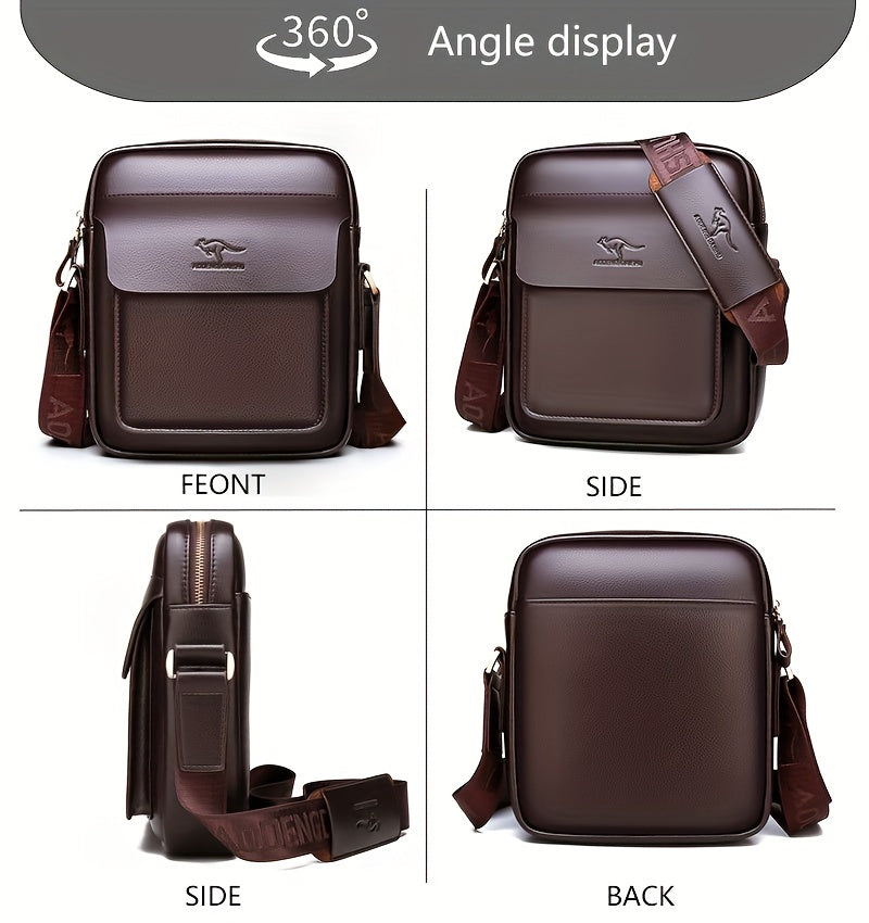 DOSHENG Men's Stylish Black Synthetic Leather Crossbody Bag - Adjustable Strap, Multi-Compartment Business Casual Satchel with Embossed Dinosaur Logo for Office Use, Versatile Crossbody Bag | Stylish Men's Accessory | Metalli