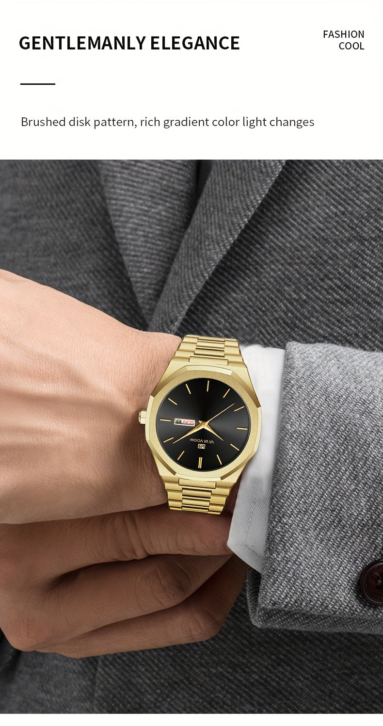 1pc Men'S Luxury Business Style Watch - Blue & Golden Stainless Steel, 42mm, Dual Calendar Quartz Movement, VA VOOM Brand, Outdoor Sports & Leisure Gift, Outdoor Sports Watch | Elegant Watch Design | Quartz Watch Movement, Lu