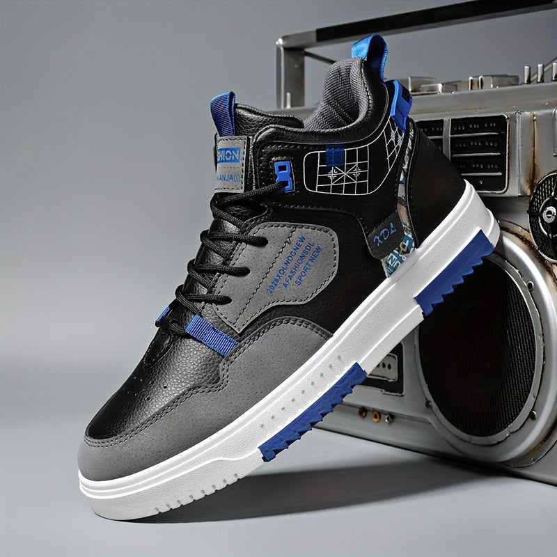 Men's Skate Shoes with Good Grip & Breathable Design - PU Upper, Cushioned PVC Sole, Black/Blue Letter Pattern Lace-Up Sneakers for All-Season Casual & Sports Wear, Allseason Shoes | Modern Casual Shoes | Comfortable Wear