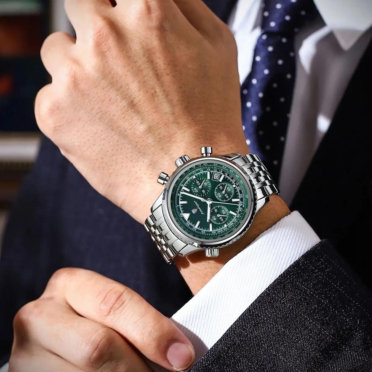 POEDAGAR Luxury Men's Quartz Watch -, Luminous Chronograph with Date Function, Stainless Steel Band & Zinc Alloy Case