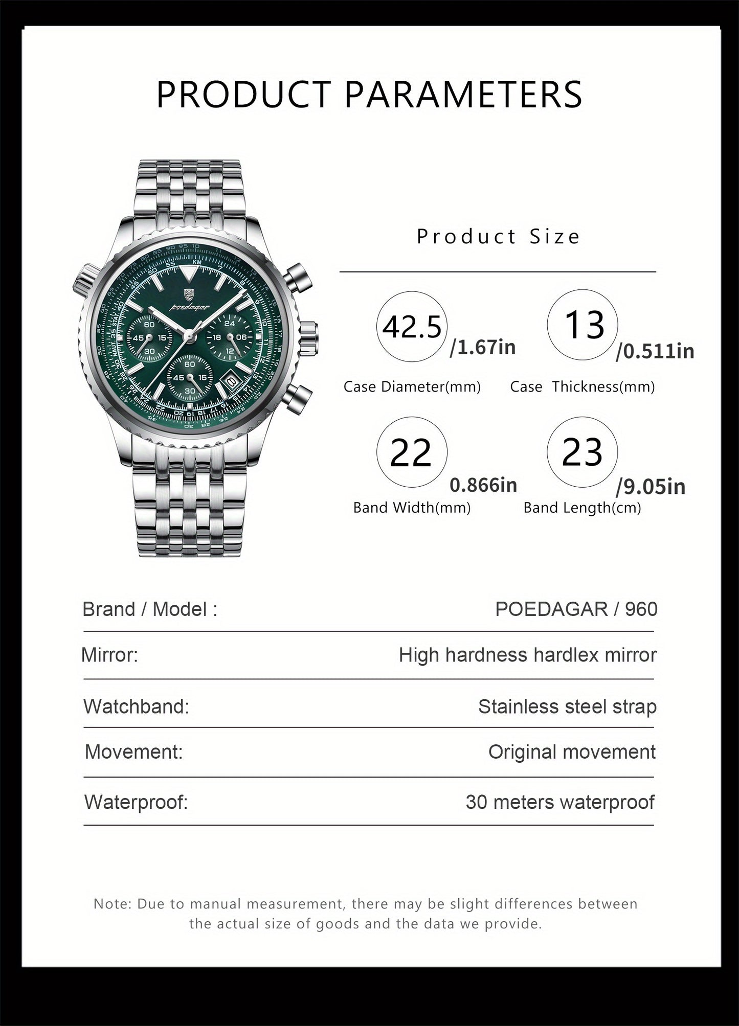 POEDAGAR Luxury Men's Quartz Watch -, Luminous Chronograph with Date Function, Stainless Steel Band & Zinc Alloy Case