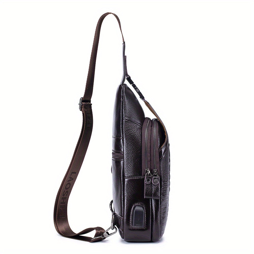 Men's Genuine Leather Crossbody Chest Bag, Top Layer Cowhide Genuine Leather Sling Bag, Large Capacity Double-Layer Chest Bag Shoulder Bag, Perfect for Valentine's Day, Teacher's Day, Back-to-School, Graduation, and Christmas