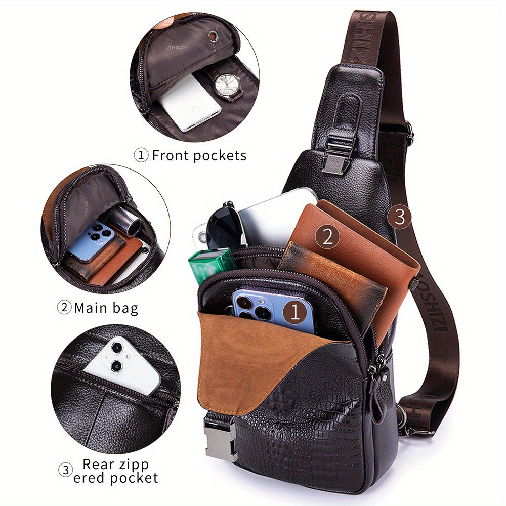 Men's Genuine Leather Crossbody Chest Bag, Top Layer Cowhide Genuine Leather Sling Bag, Large Capacity Double-Layer Chest Bag Shoulder Bag, Perfect for Valentine's Day, Teacher's Day, Back-to-School, Graduation, and Christmas