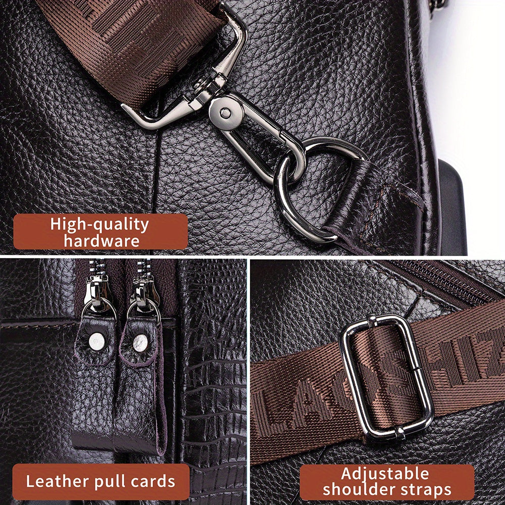 Men's Genuine Leather Crossbody Chest Bag, Top Layer Cowhide Genuine Leather Sling Bag, Large Capacity Double-Layer Chest Bag Shoulder Bag, Perfect for Valentine's Day, Teacher's Day, Back-to-School, Graduation, and Christmas