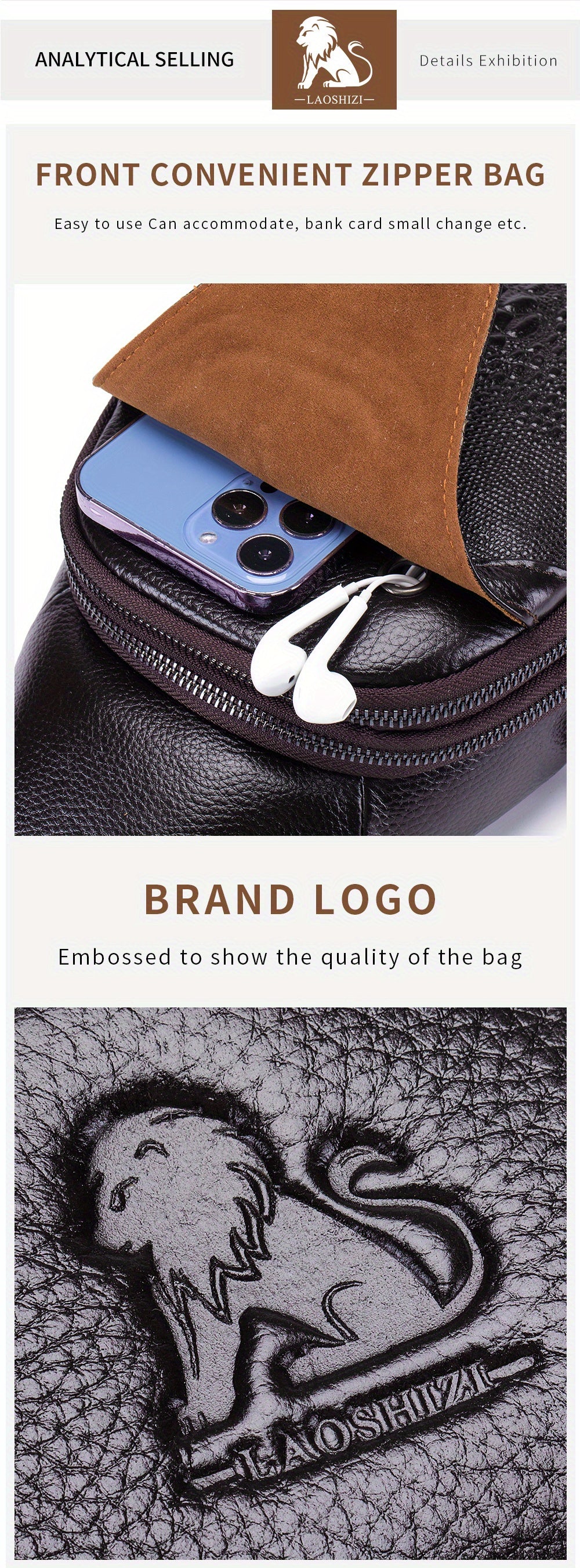 Men's Genuine Leather Crossbody Chest Bag, Top Layer Cowhide Genuine Leather Sling Bag, Large Capacity Double-Layer Chest Bag Shoulder Bag, Perfect for Valentine's Day, Teacher's Day, Back-to-School, Graduation, and Christmas