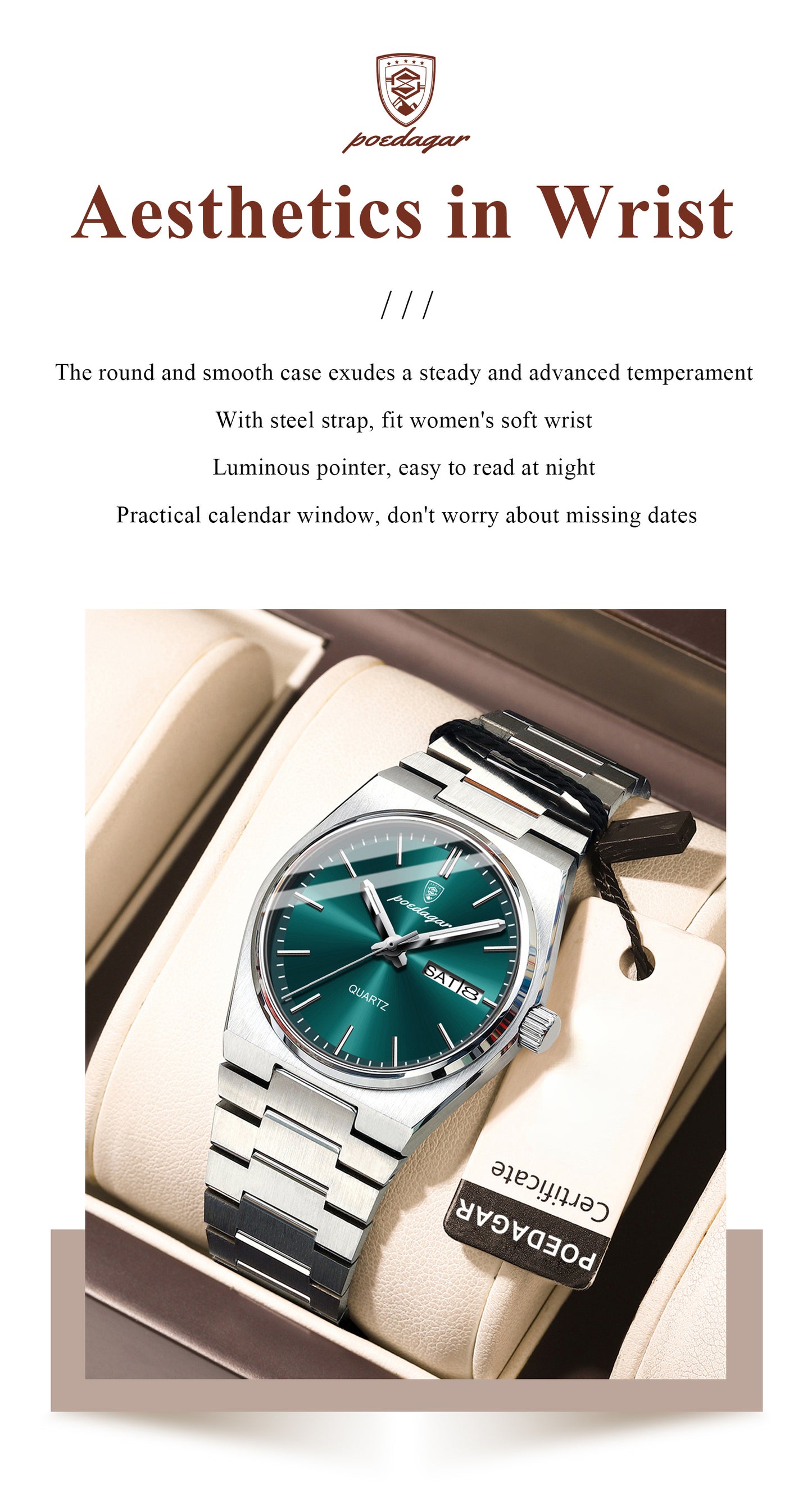 POEDAGAR Luxury Watch For Woman Ladies Elegant Quartz Watch Waterproof Luminous Date Week Stainless Steel Women's Watches Clock
