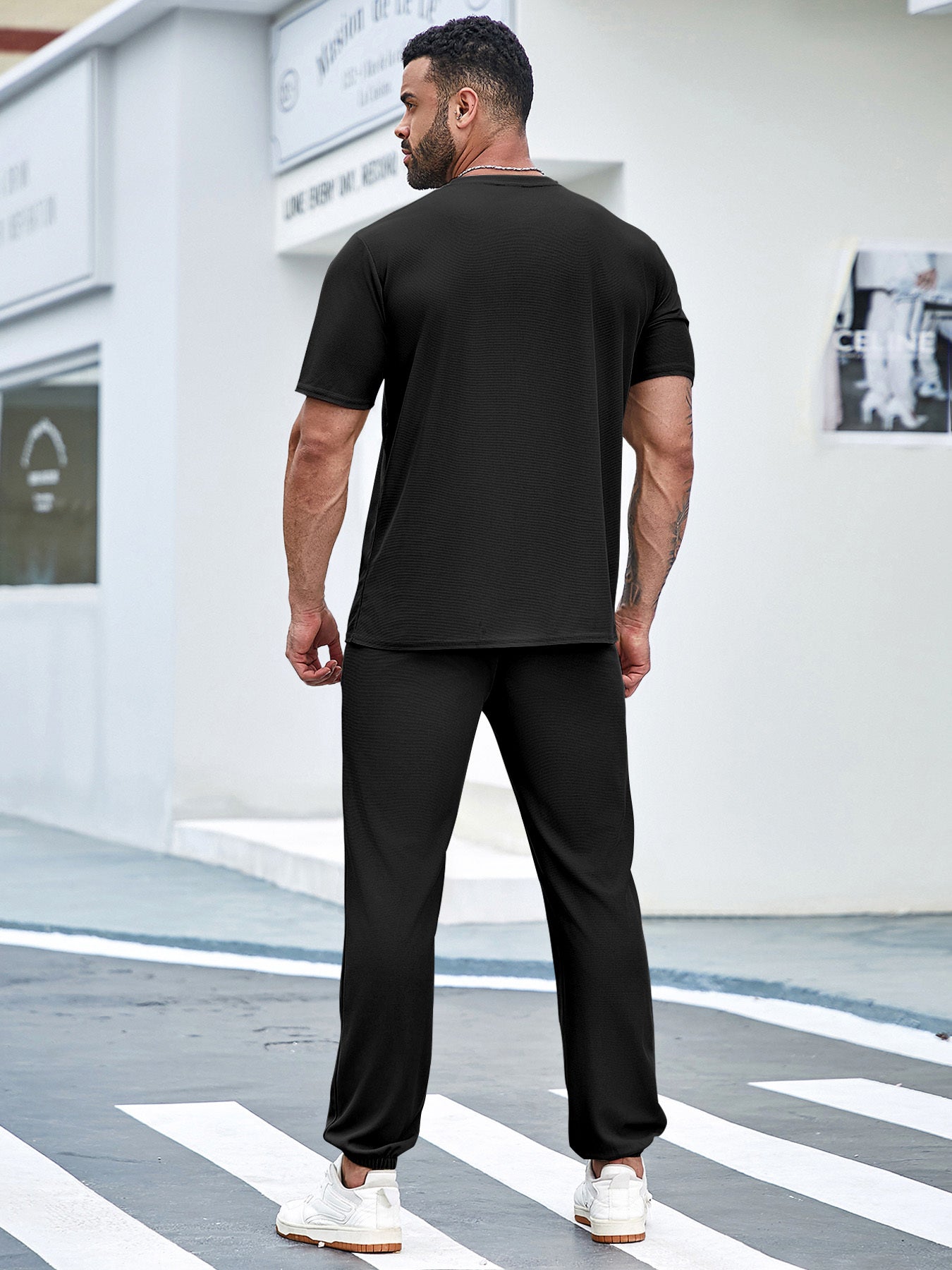 BEACH Men's 3-Piece Casual Sportswear Set, Crew Neck Short Sleeve T-Shirt with Shorts and Long Pants, Versatile Simple Breathable Summer Outfits, Knit Fabric Regular Fit, 100% Polyester Material, Casual Style Lash Sets, Sligh