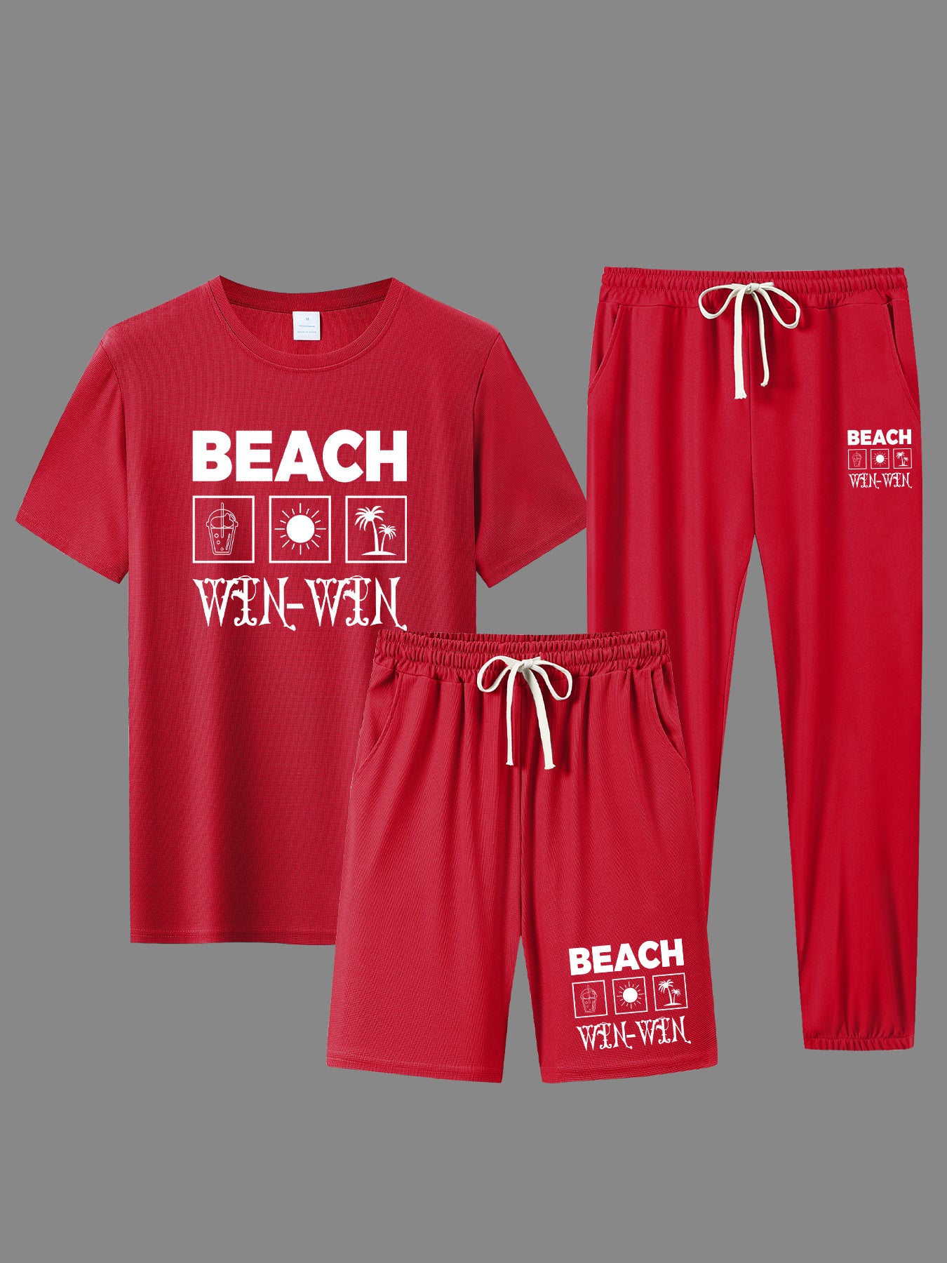 BEACH Men's 3-Piece Casual Sportswear Set, Crew Neck Short Sleeve T-Shirt with Shorts and Long Pants, Versatile Simple Breathable Summer Outfits, Knit Fabric Regular Fit, 100% Polyester Material, Casual Style Lash Sets, Sligh