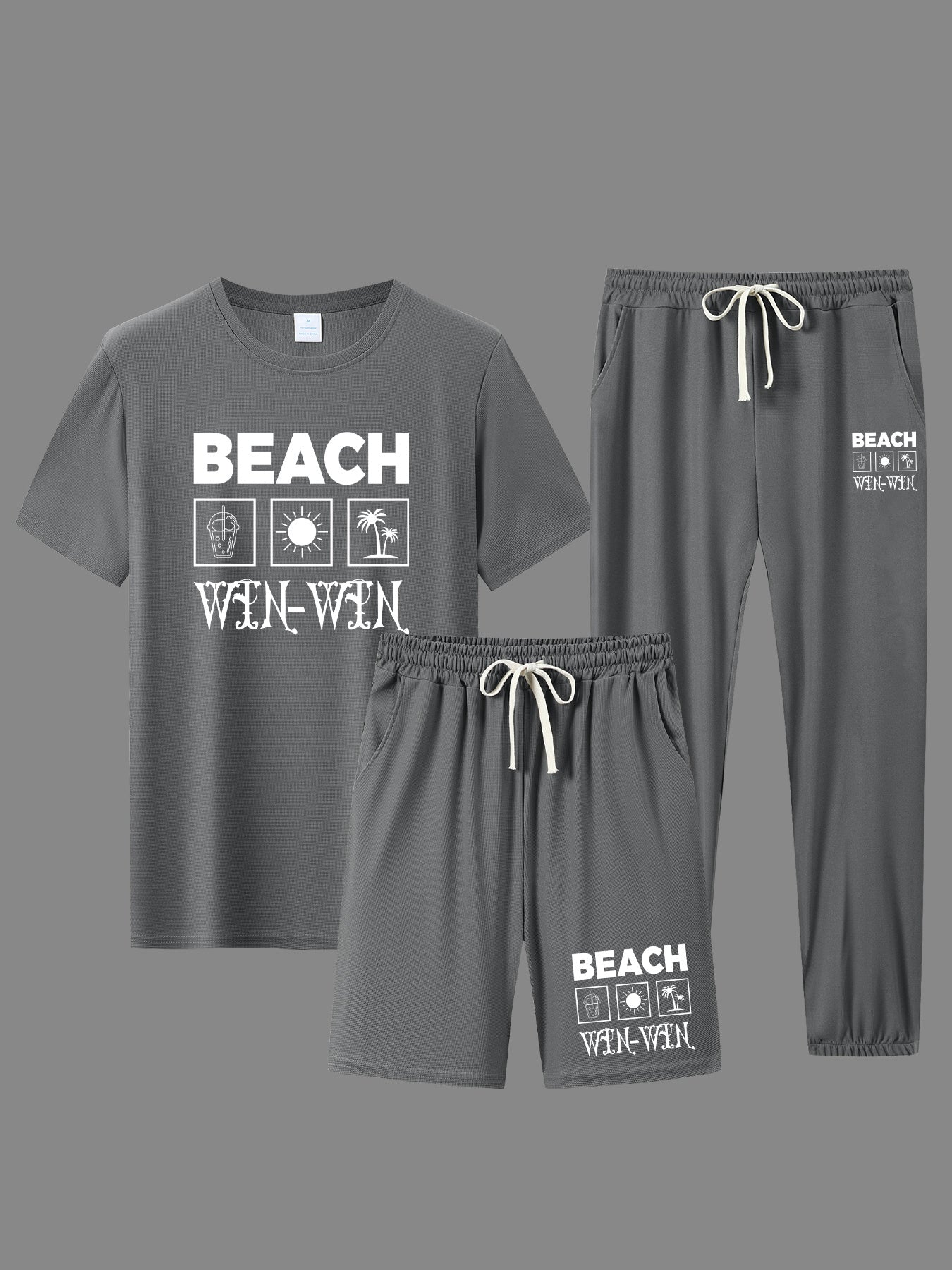 BEACH Men's 3-Piece Casual Sportswear Set, Crew Neck Short Sleeve T-Shirt with Shorts and Long Pants, Versatile Simple Breathable Summer Outfits, Knit Fabric Regular Fit, 100% Polyester Material, Casual Style Lash Sets, Sligh