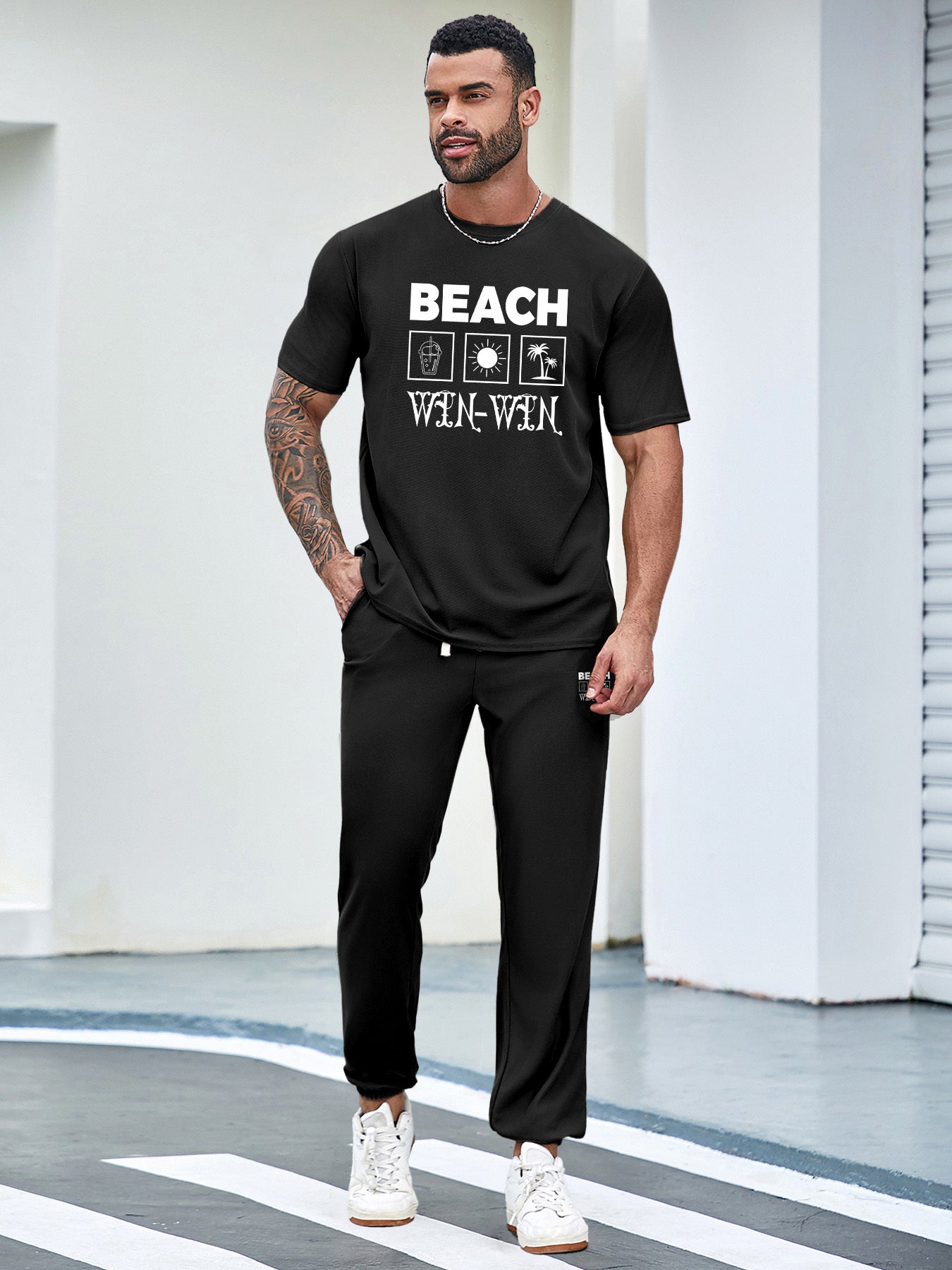 BEACH Men's 3-Piece Casual Sportswear Set, Crew Neck Short Sleeve T-Shirt with Shorts and Long Pants, Versatile Simple Breathable Summer Outfits, Knit Fabric Regular Fit, 100% Polyester Material, Casual Style Lash Sets, Sligh