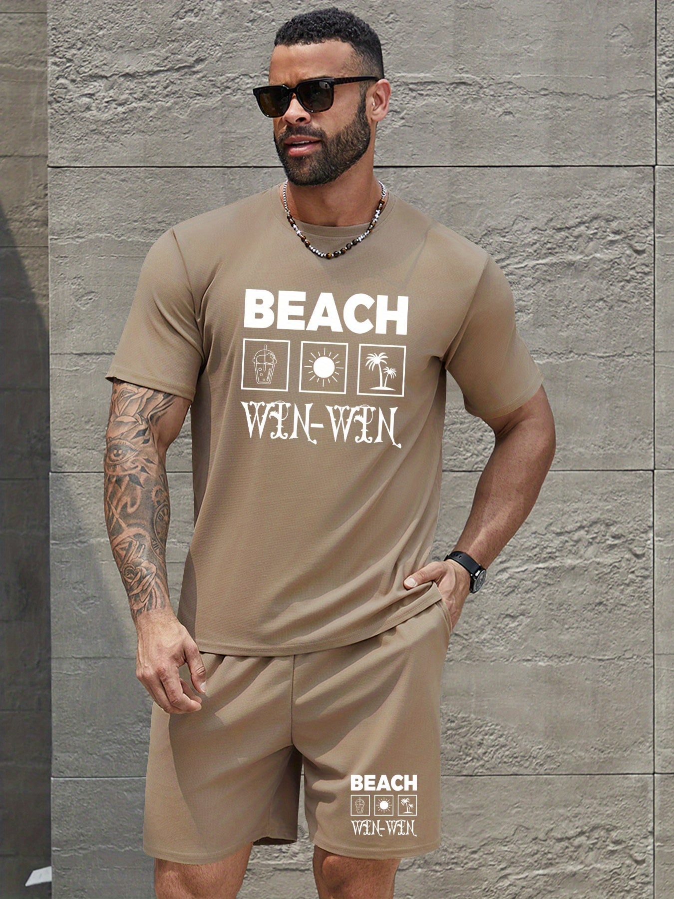 BEACH Men's 3-Piece Casual Sportswear Set, Crew Neck Short Sleeve T-Shirt with Shorts and Long Pants, Versatile Simple Breathable Summer Outfits, Knit Fabric Regular Fit, 100% Polyester Material, Casual Style Lash Sets, Sligh