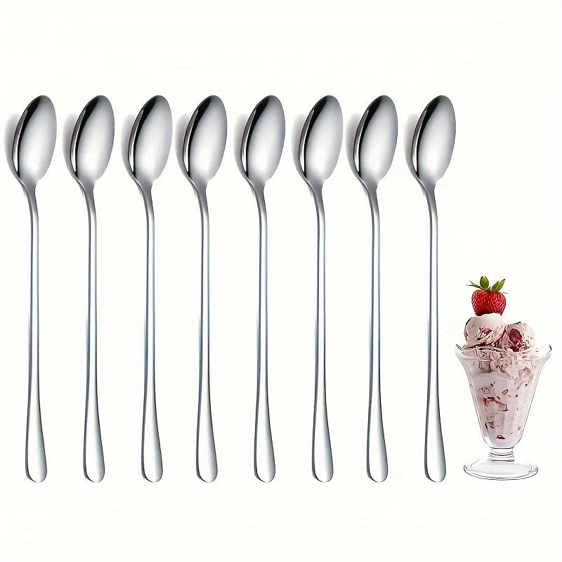 8-Piece Stainless Steel Long Handle Spoon Set - Ice Tea, Coffee, Ice Cream Stirring Spoons, Dishwasher Safe Kitchen Flatware Set