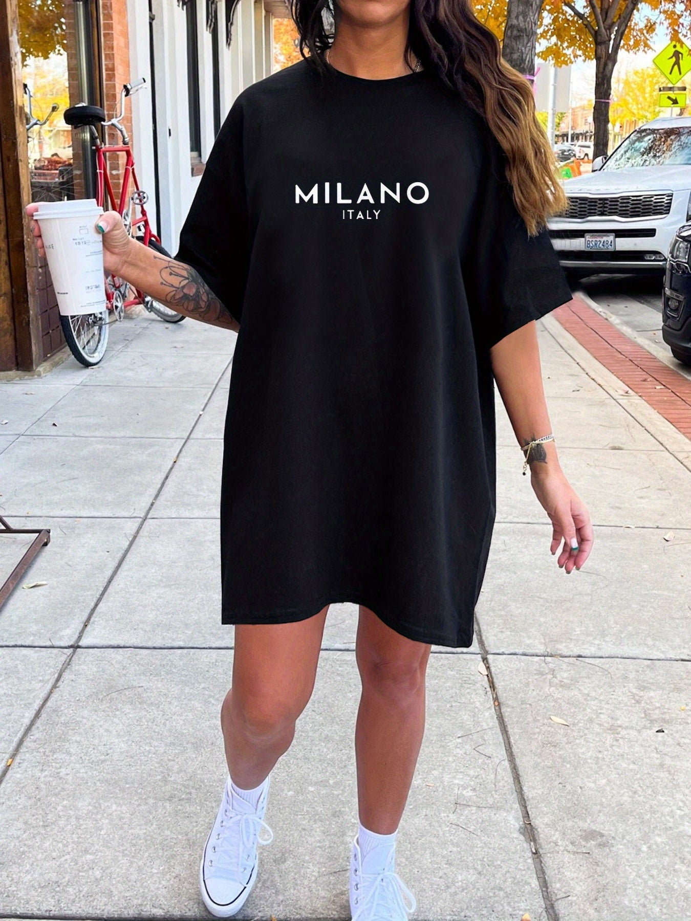 Երկկողմանի Milano Italy Letter Print Crew Neck Tee զգեստ, պատահական կարճաթև ամառային զգեստ կանանց համար, թեթև և հարմարավետ