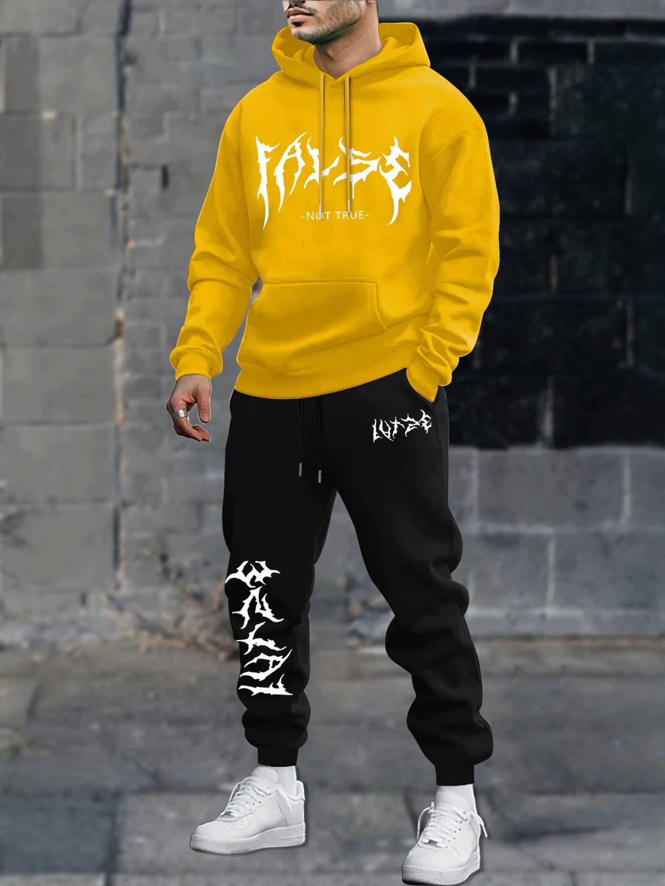 Durable Fabric, Men's Casual Sporty Hoodie and Jogger Set - Trendy Geometric Print, Blue and Black, Polyester Blend, Machine Washable, Perfect for Fall/Winter