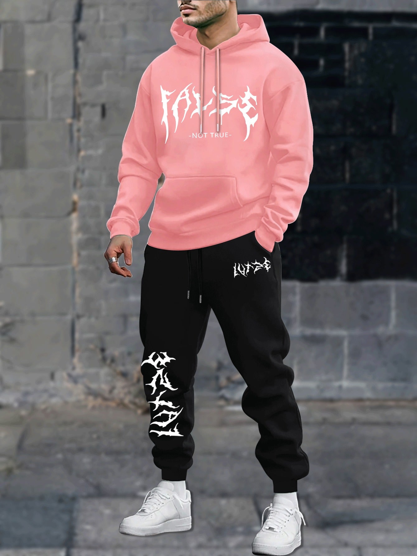 Durable Fabric, Men's Casual Sporty Hoodie and Jogger Set - Trendy Geometric Print, Blue and Black, Polyester Blend, Machine Washable, Perfect for Fall/Winter