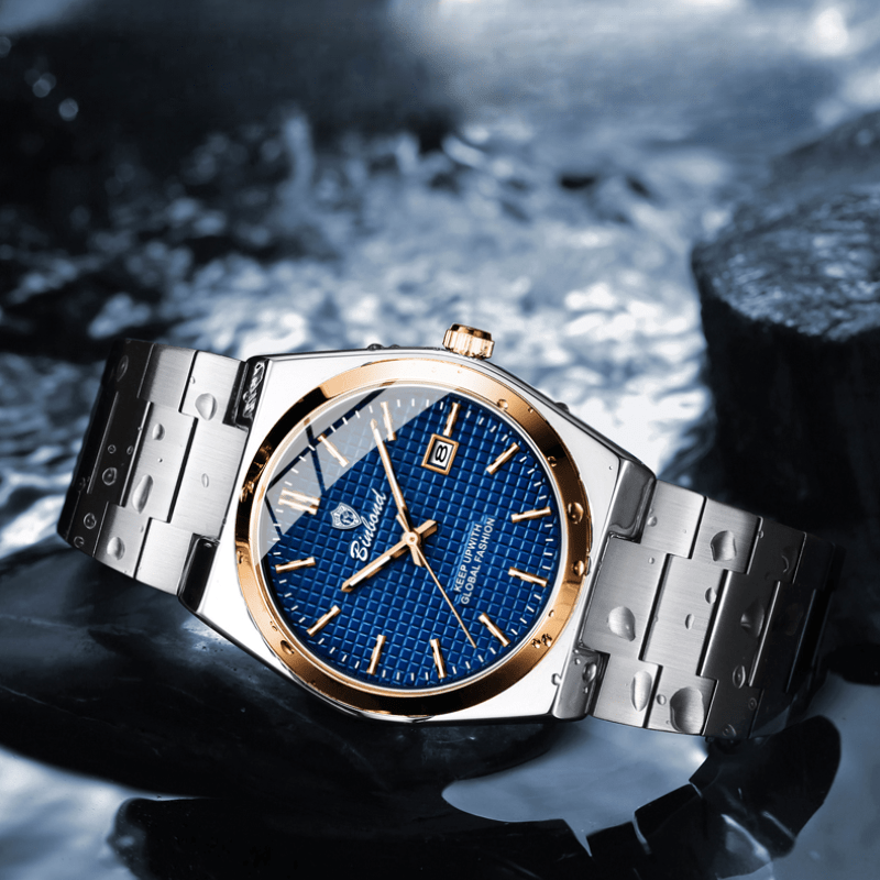Binbond Luxury Men's Quartz Watch - Stylish Blue Dial, Rose Golden Accents, Waterproof Stainless Steel Band, Calendar Feature, Fashionable Business Design, Formal Accessory | Modern Quartz Watch | Rose Golden Details