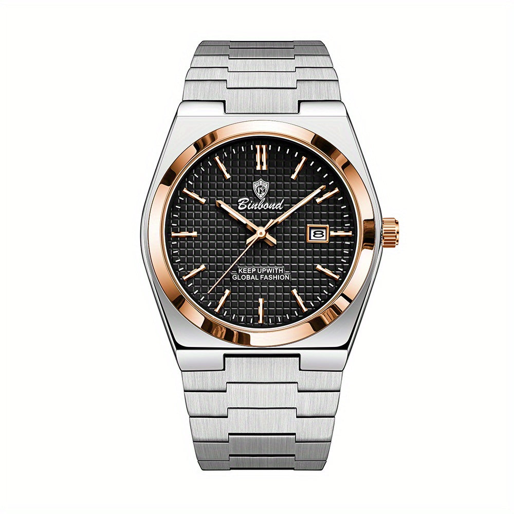 Binbond Luxury Men's Quartz Watch - Stylish Blue Dial, Rose Golden Accents, Waterproof Stainless Steel Band, Calendar Feature, Fashionable Business Design, Formal Accessory | Modern Quartz Watch | Rose Golden Details