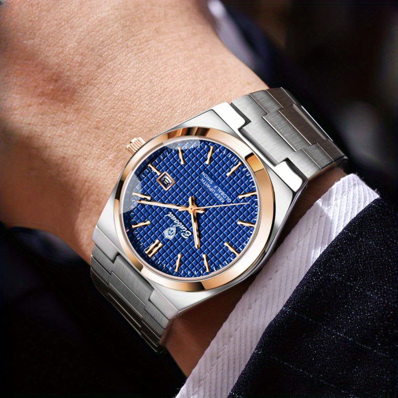 Binbond Luxury Men's Quartz Watch - Stylish Blue Dial, Rose Golden Accents, Waterproof Stainless Steel Band, Calendar Feature, Fashionable Business Design, Formal Accessory | Modern Quartz Watch | Rose Golden Details