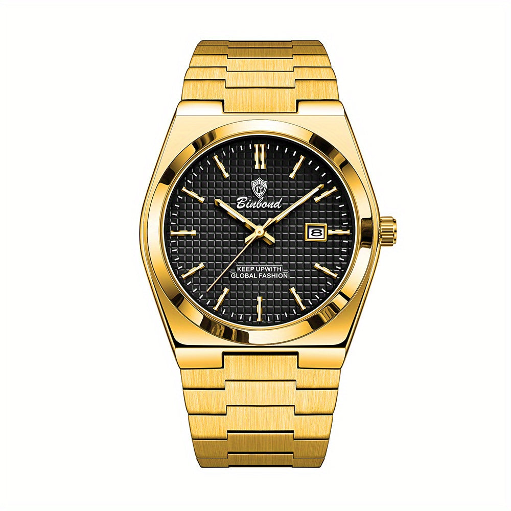 Binbond Luxury Men's Quartz Watch - Stylish Blue Dial, Rose Golden Accents, Waterproof Stainless Steel Band, Calendar Feature, Fashionable Business Design, Formal Accessory | Modern Quartz Watch | Rose Golden Details
