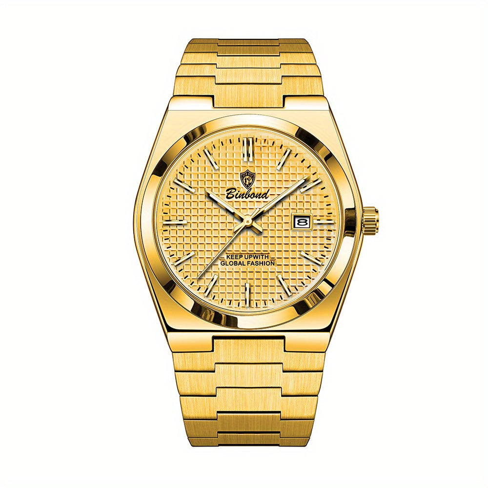 Binbond Luxury Men's Quartz Watch - Stylish Blue Dial, Rose Golden Accents, Waterproof Stainless Steel Band, Calendar Feature, Fashionable Business Design, Formal Accessory | Modern Quartz Watch | Rose Golden Details