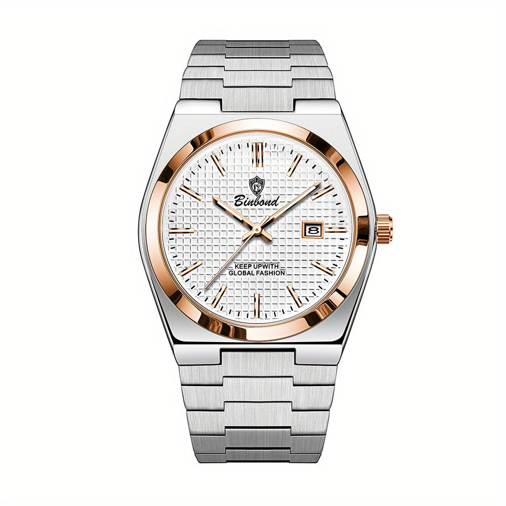 Binbond Luxury Men's Quartz Watch - Stylish Blue Dial, Rose Golden Accents, Waterproof Stainless Steel Band, Calendar Feature, Fashionable Business Design, Formal Accessory | Modern Quartz Watch | Rose Golden Details