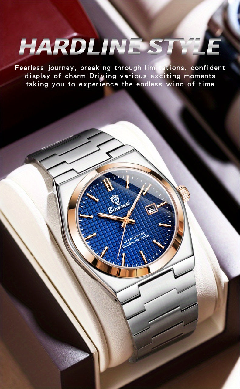 Binbond Luxury Men's Quartz Watch - Stylish Blue Dial, Rose Golden Accents, Waterproof Stainless Steel Band, Calendar Feature, Fashionable Business Design, Formal Accessory | Modern Quartz Watch | Rose Golden Details
