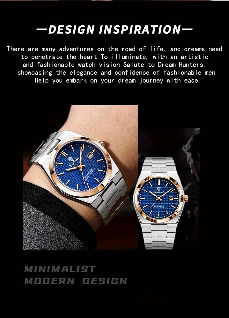 Binbond Luxury Men's Quartz Watch - Stylish Blue Dial, Rose Golden Accents, Waterproof Stainless Steel Band, Calendar Feature, Fashionable Business Design, Formal Accessory | Modern Quartz Watch | Rose Golden Details