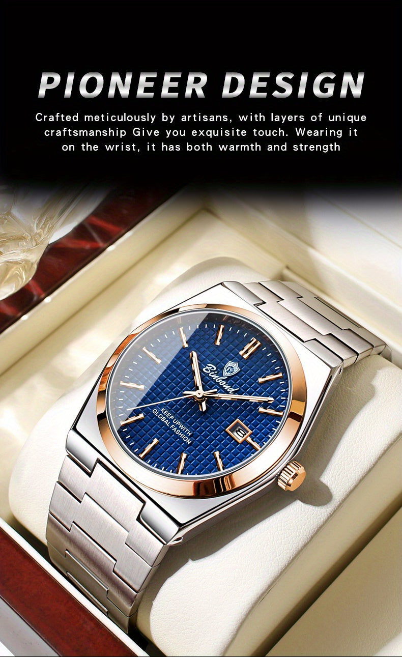Binbond Luxury Men's Quartz Watch - Stylish Blue Dial, Rose Golden Accents, Waterproof Stainless Steel Band, Calendar Feature, Fashionable Business Design, Formal Accessory | Modern Quartz Watch | Rose Golden Details