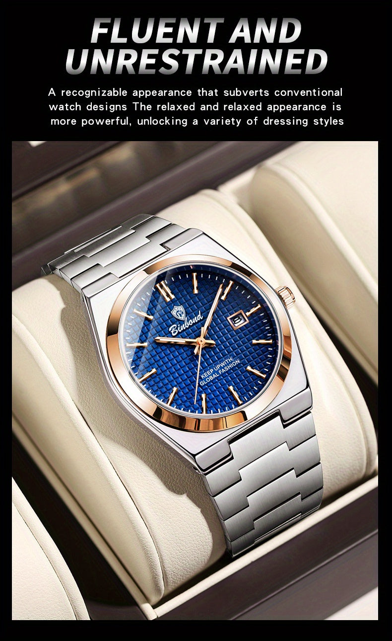Binbond Luxury Men's Quartz Watch - Stylish Blue Dial, Rose Golden Accents, Waterproof Stainless Steel Band, Calendar Feature, Fashionable Business Design, Formal Accessory | Modern Quartz Watch | Rose Golden Details