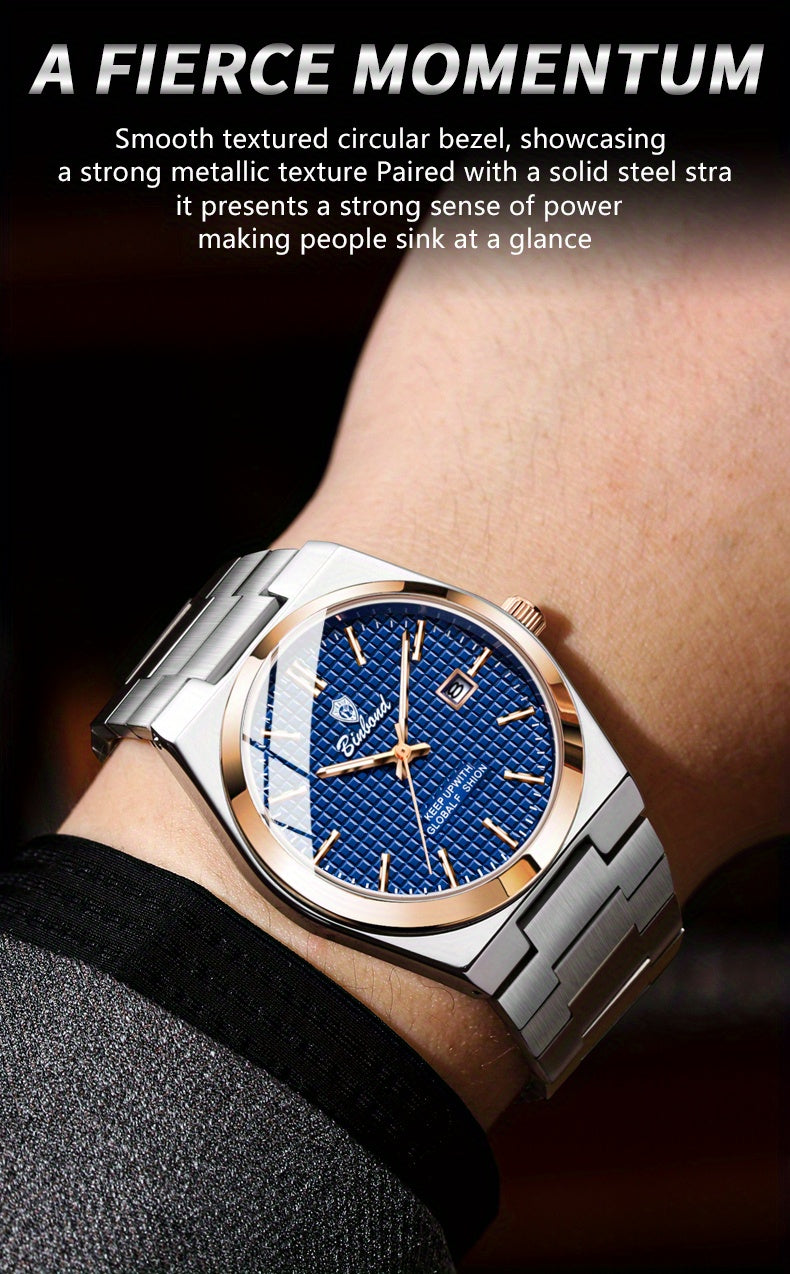 Binbond Luxury Men's Quartz Watch - Stylish Blue Dial, Rose Golden Accents, Waterproof Stainless Steel Band, Calendar Feature, Fashionable Business Design, Formal Accessory | Modern Quartz Watch | Rose Golden Details