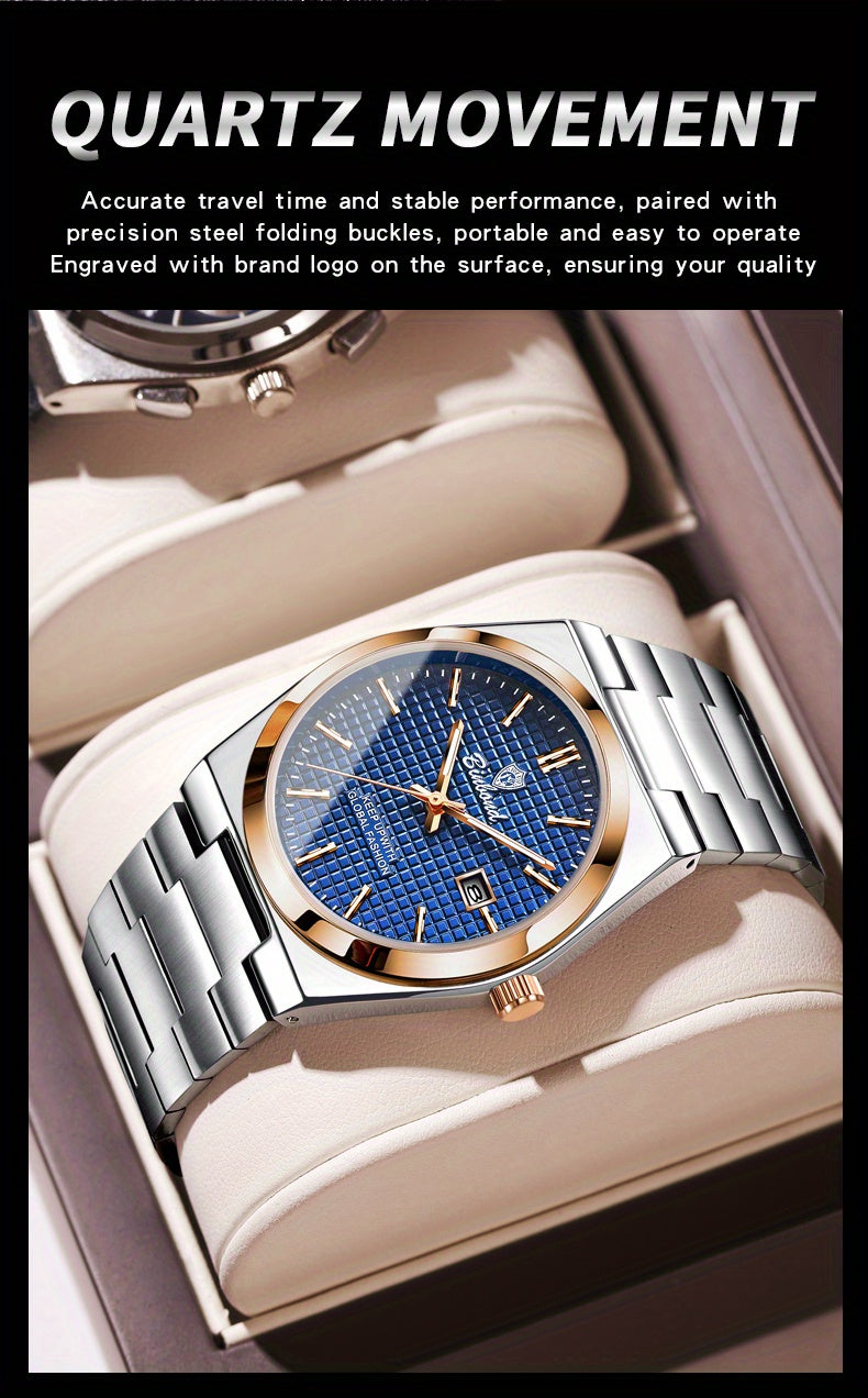 Binbond Luxury Men's Quartz Watch - Stylish Blue Dial, Rose Golden Accents, Waterproof Stainless Steel Band, Calendar Feature, Fashionable Business Design, Formal Accessory | Modern Quartz Watch | Rose Golden Details