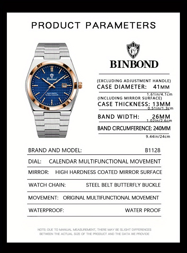 Binbond Luxury Men's Quartz Watch - Stylish Blue Dial, Rose Golden Accents, Waterproof Stainless Steel Band, Calendar Feature, Fashionable Business Design, Formal Accessory | Modern Quartz Watch | Rose Golden Details