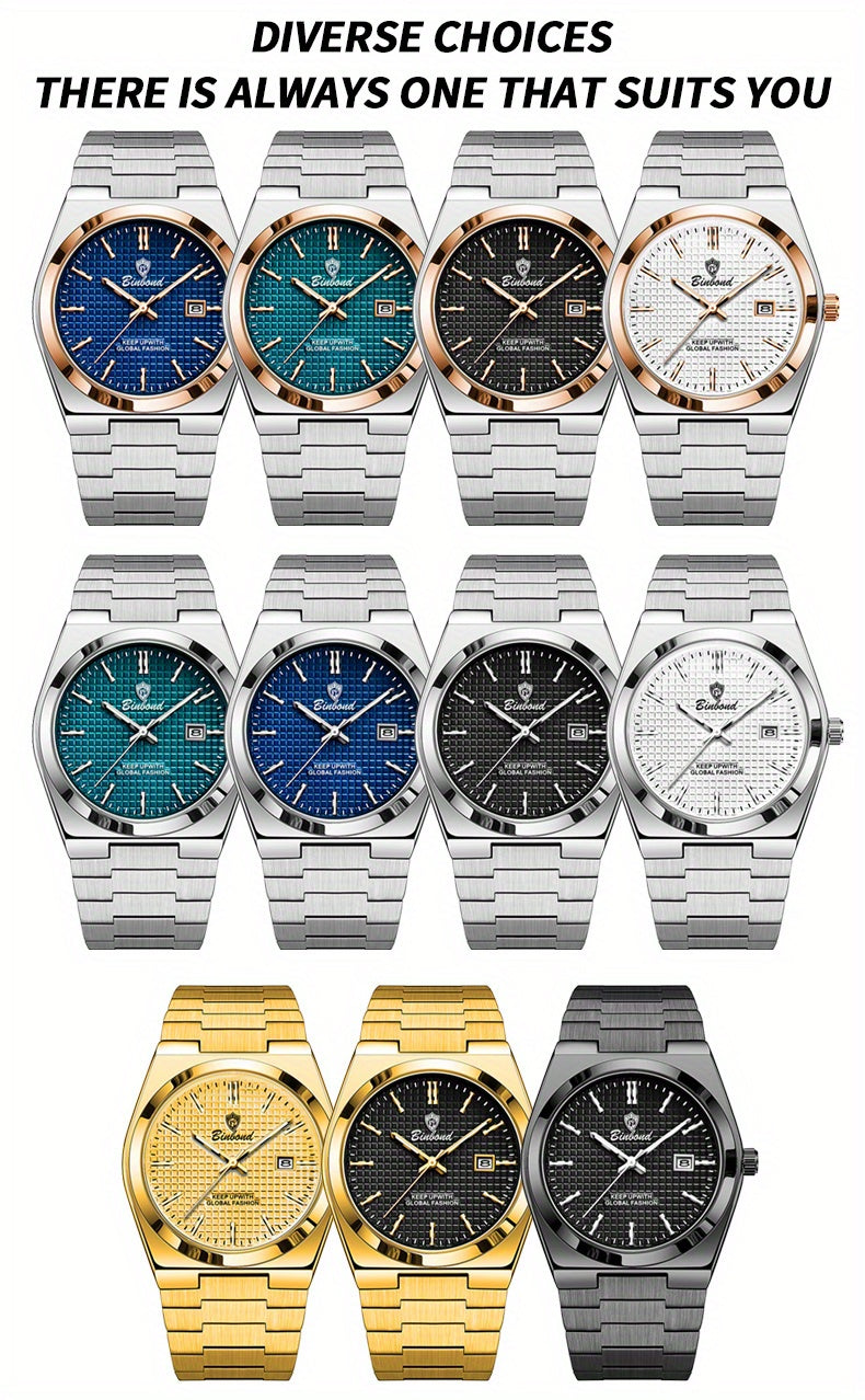 Binbond Luxury Men's Quartz Watch - Stylish Blue Dial, Rose Golden Accents, Waterproof Stainless Steel Band, Calendar Feature, Fashionable Business Design, Formal Accessory | Modern Quartz Watch | Rose Golden Details