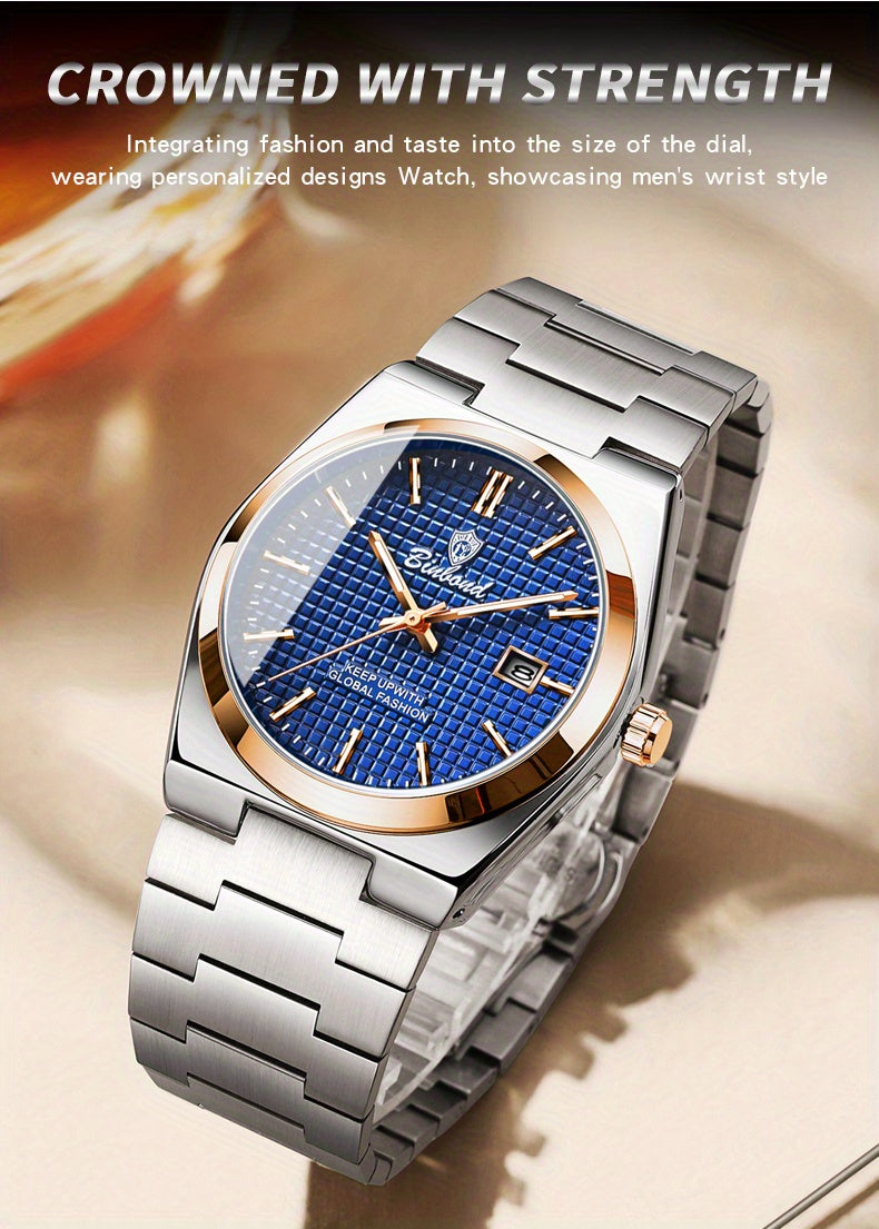 Binbond Luxury Men's Quartz Watch - Stylish Blue Dial, Rose Golden Accents, Waterproof Stainless Steel Band, Calendar Feature, Fashionable Business Design, Formal Accessory | Modern Quartz Watch | Rose Golden Details