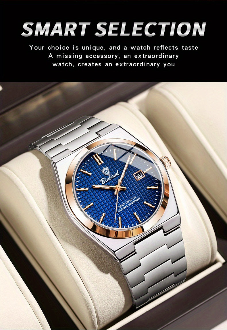 Binbond Luxury Men's Quartz Watch - Stylish Blue Dial, Rose Golden Accents, Waterproof Stainless Steel Band, Calendar Feature, Fashionable Business Design, Formal Accessory | Modern Quartz Watch | Rose Golden Details