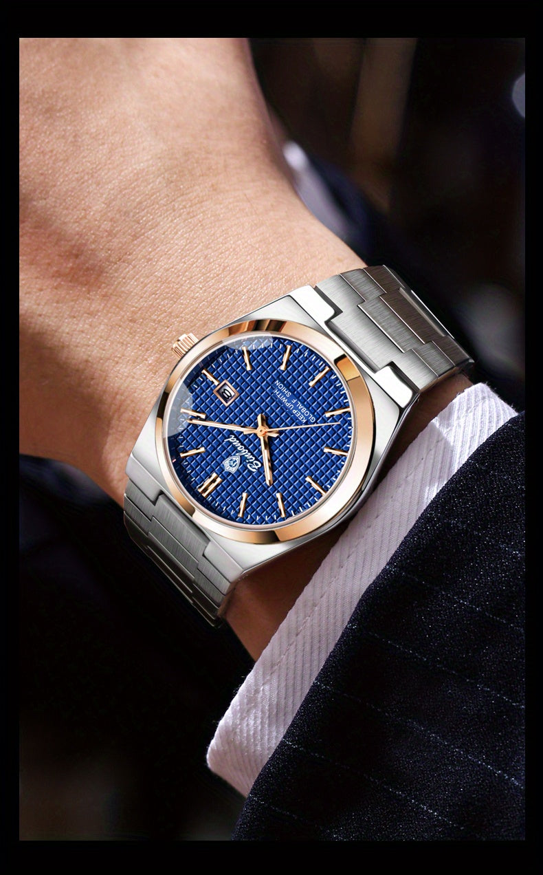 Binbond Luxury Men's Quartz Watch - Stylish Blue Dial, Rose Golden Accents, Waterproof Stainless Steel Band, Calendar Feature, Fashionable Business Design, Formal Accessory | Modern Quartz Watch | Rose Golden Details