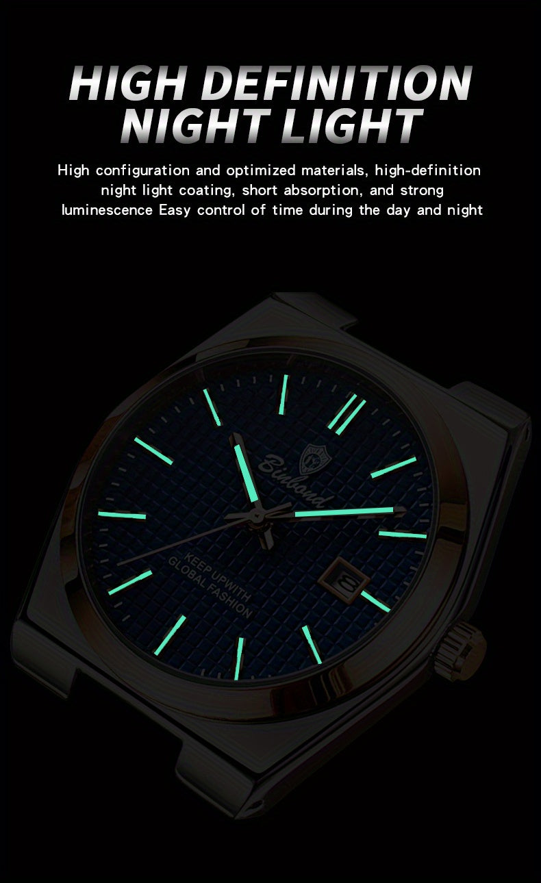 Binbond Luxury Men's Quartz Watch - Stylish Blue Dial, Rose Golden Accents, Waterproof Stainless Steel Band, Calendar Feature, Fashionable Business Design, Formal Accessory | Modern Quartz Watch | Rose Golden Details