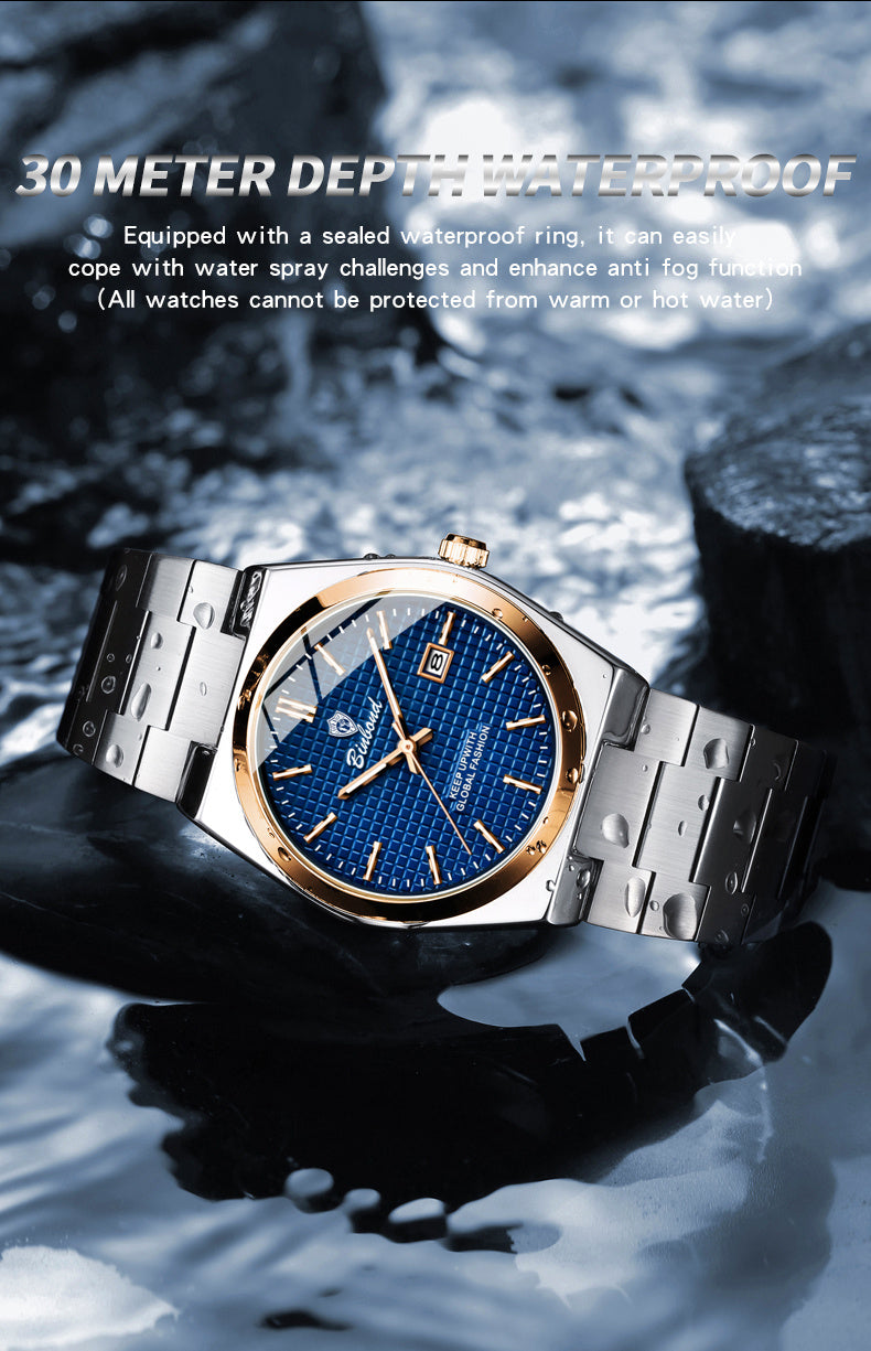 Binbond Luxury Men's Quartz Watch - Stylish Blue Dial, Rose Golden Accents, Waterproof Stainless Steel Band, Calendar Feature, Fashionable Business Design, Formal Accessory | Modern Quartz Watch | Rose Golden Details
