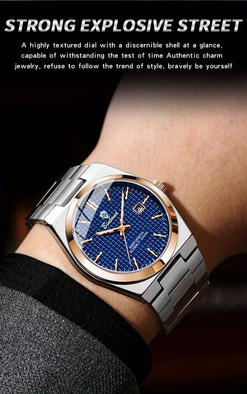 Binbond Luxury Men's Quartz Watch - Stylish Blue Dial, Rose Golden Accents, Waterproof Stainless Steel Band, Calendar Feature, Fashionable Business Design, Formal Accessory | Modern Quartz Watch | Rose Golden Details