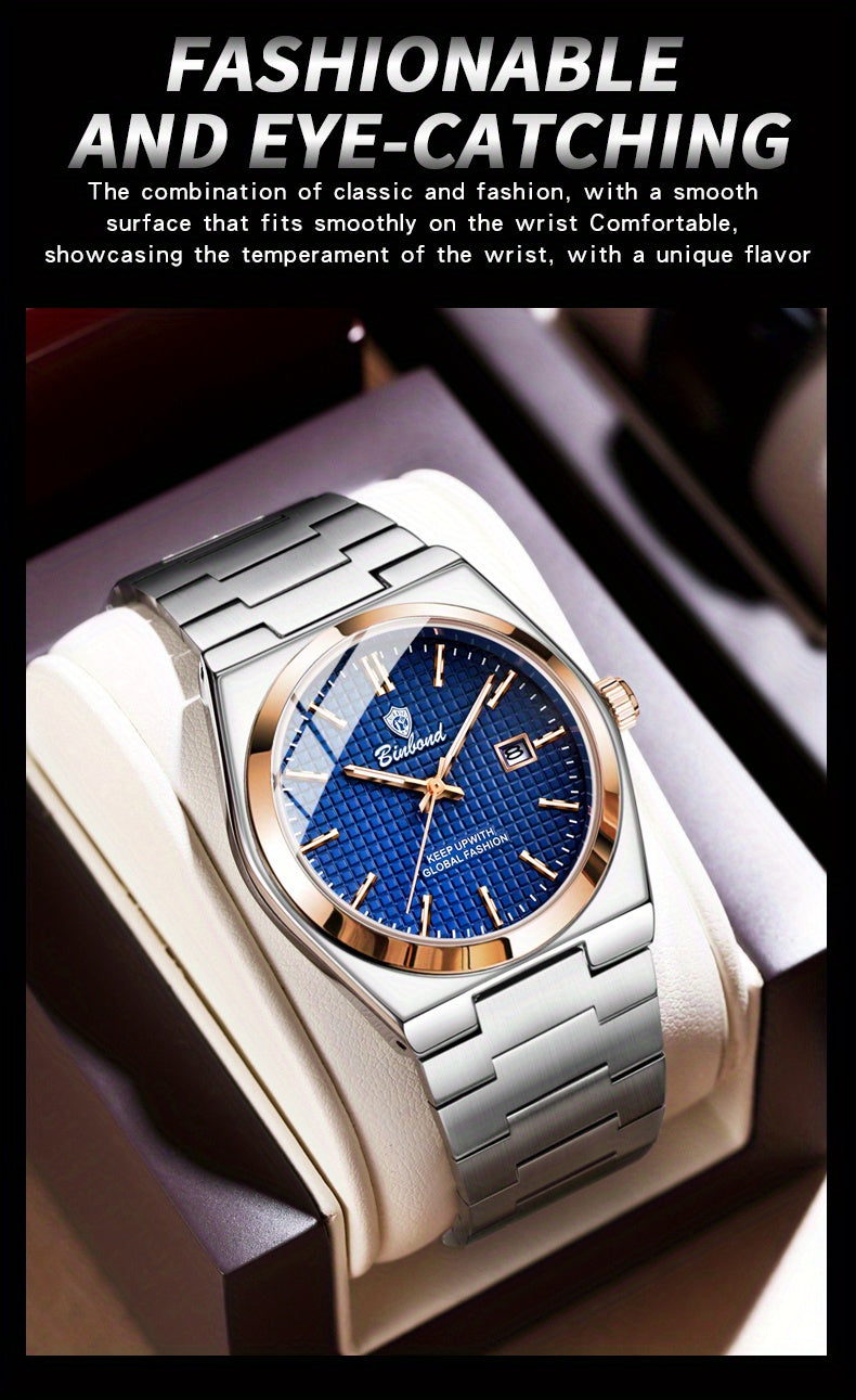 Binbond Luxury Men's Quartz Watch - Stylish Blue Dial, Rose Golden Accents, Waterproof Stainless Steel Band, Calendar Feature, Fashionable Business Design, Formal Accessory | Modern Quartz Watch | Rose Golden Details