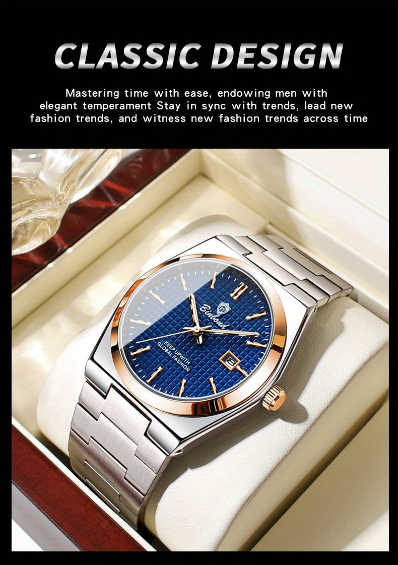 Binbond Luxury Men's Quartz Watch - Stylish Blue Dial, Rose Golden Accents, Waterproof Stainless Steel Band, Calendar Feature, Fashionable Business Design, Formal Accessory | Modern Quartz Watch | Rose Golden Details